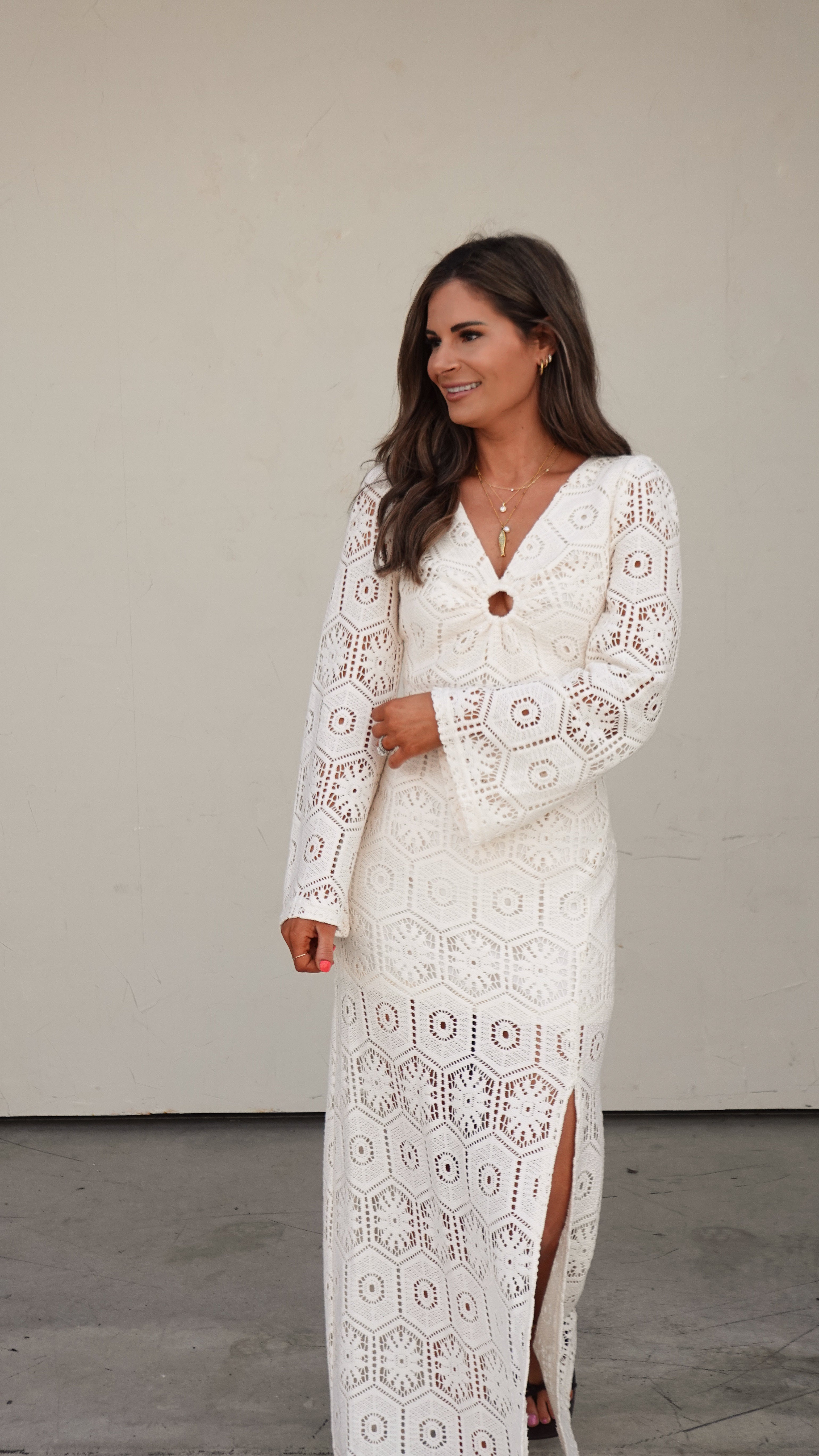 Ivory Crochet Long-Sleeve Maxi Dress | Elegant Women's Fashion by coolavocek