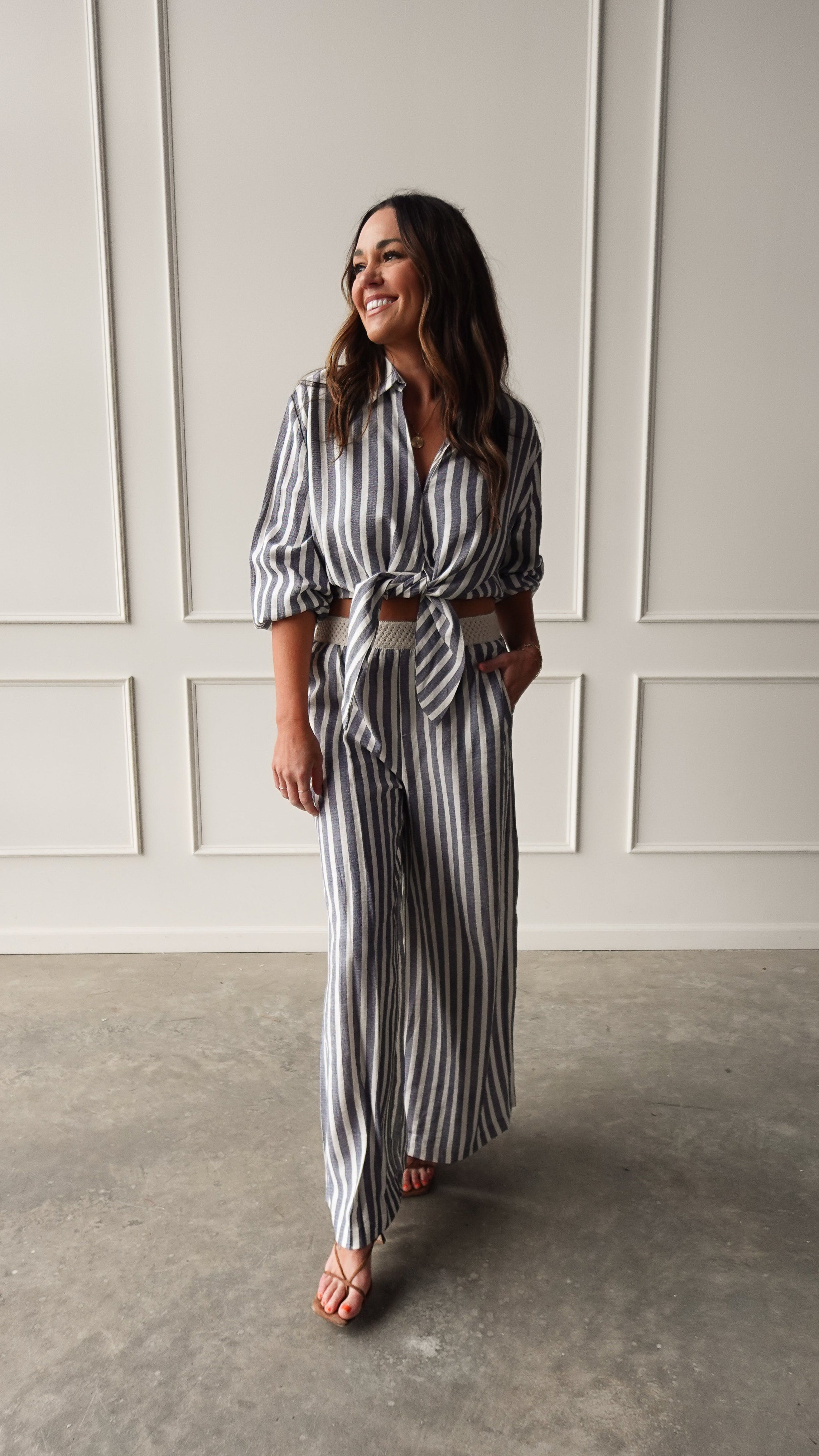 Chambray Striped Elastic Waist Pant | Elegant Women's Fashion by coolavocek