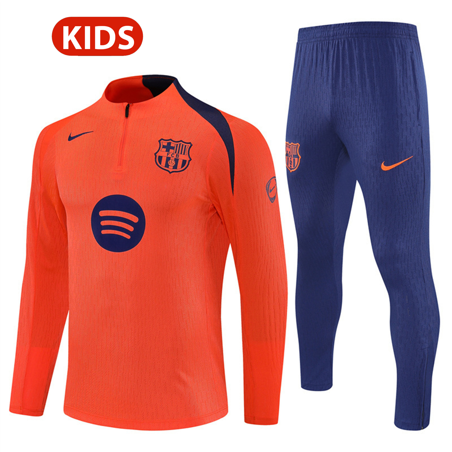 AlphaJersey-Barcelona 25-26 Kids Long Sleeve Training Set - Orange Top Royal Blue Sponsor & Royal Blue Pants