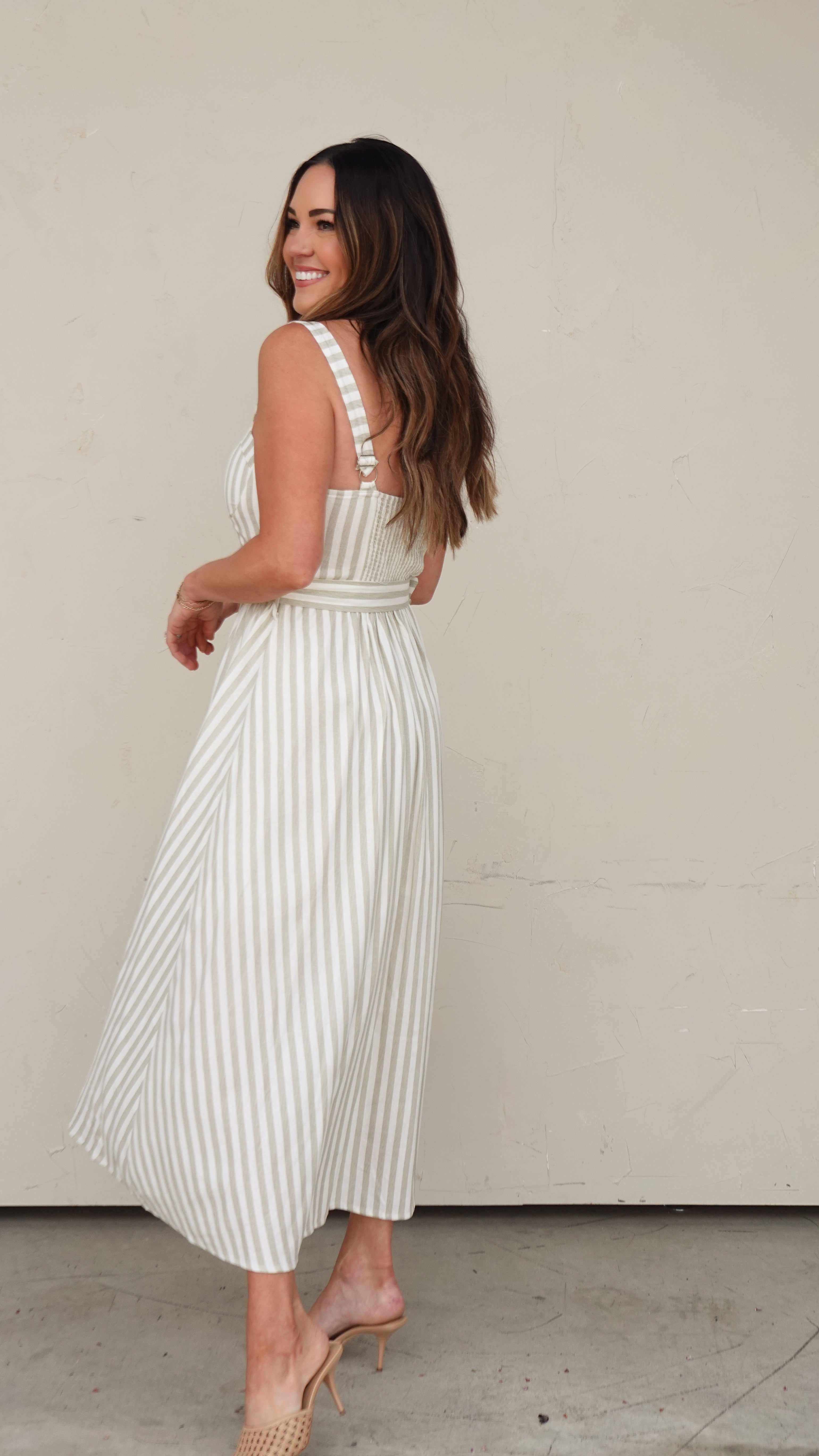 Green Stripe Belted Midi Dress | Elegant Women's Fashion by coolavocek