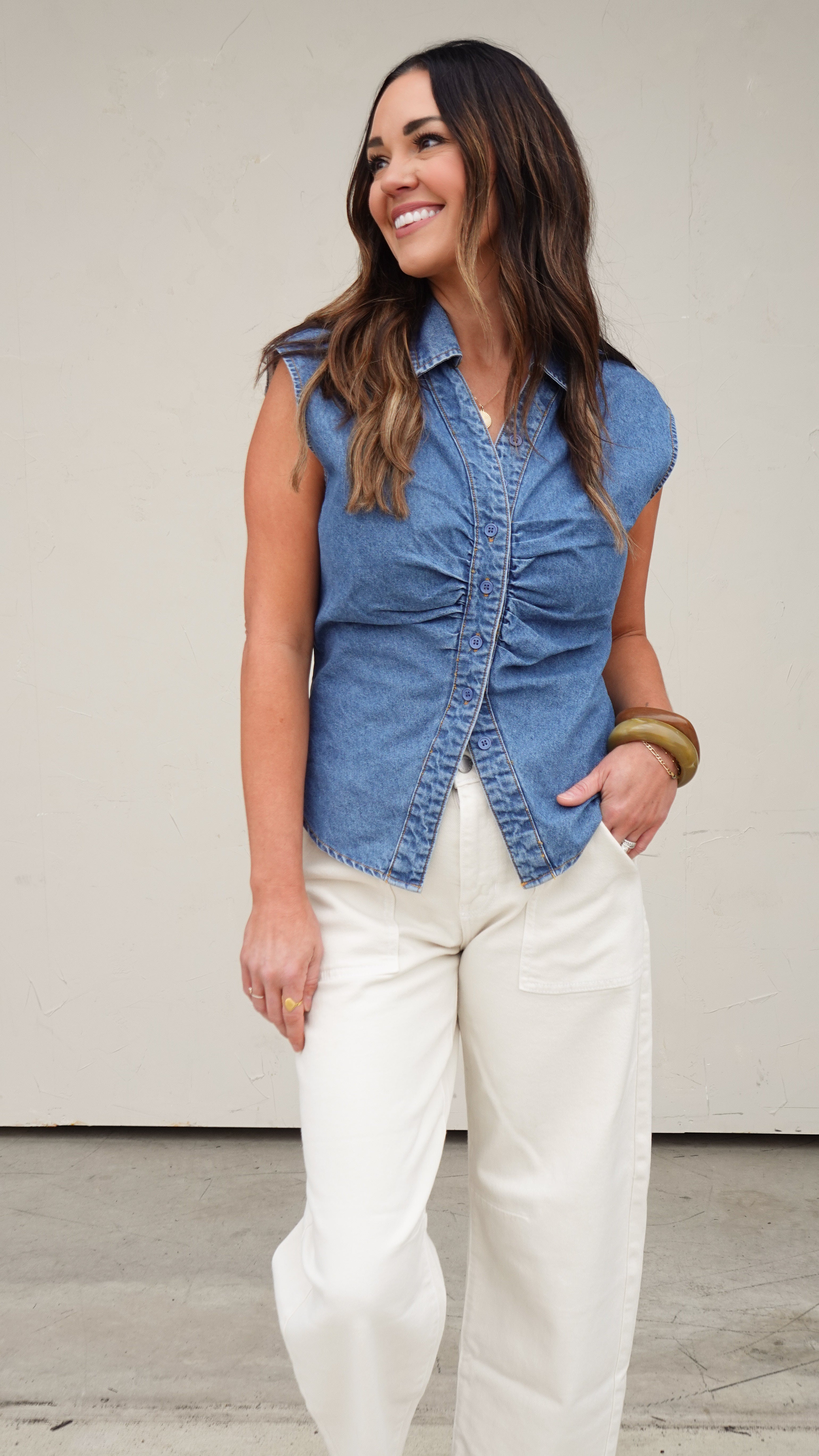 Denim Button-Front Sleeveless Top | Elegant Women's Fashion by coolavocek