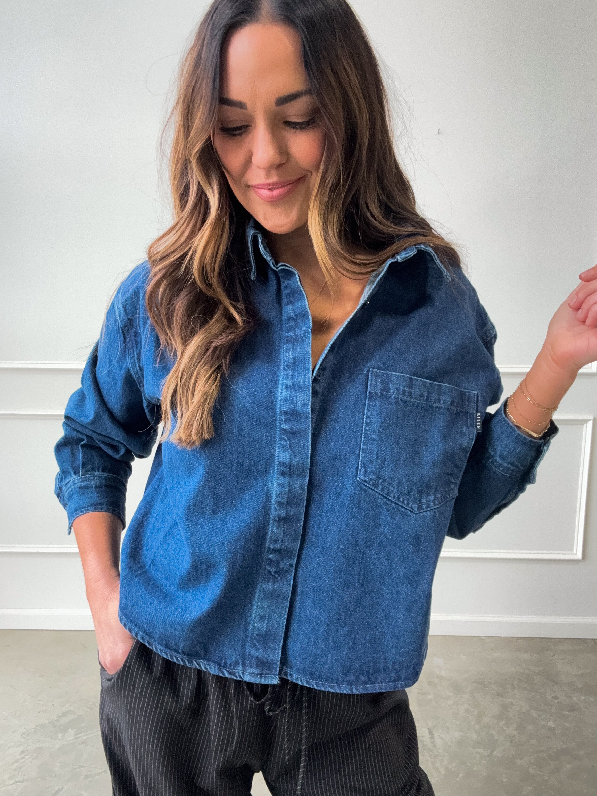 Dark Wash Cropped Denim Shirt | Elegant Women's Fashion by coolavocek