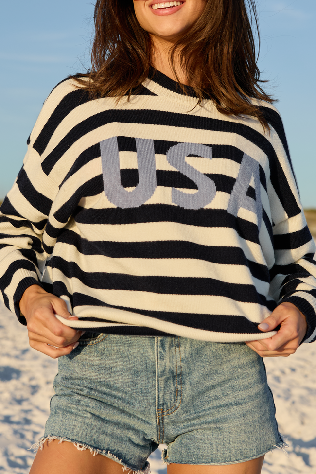 USA Navy And Ivory Striped Sweater | Elegant Women's Fashion by coolavocek