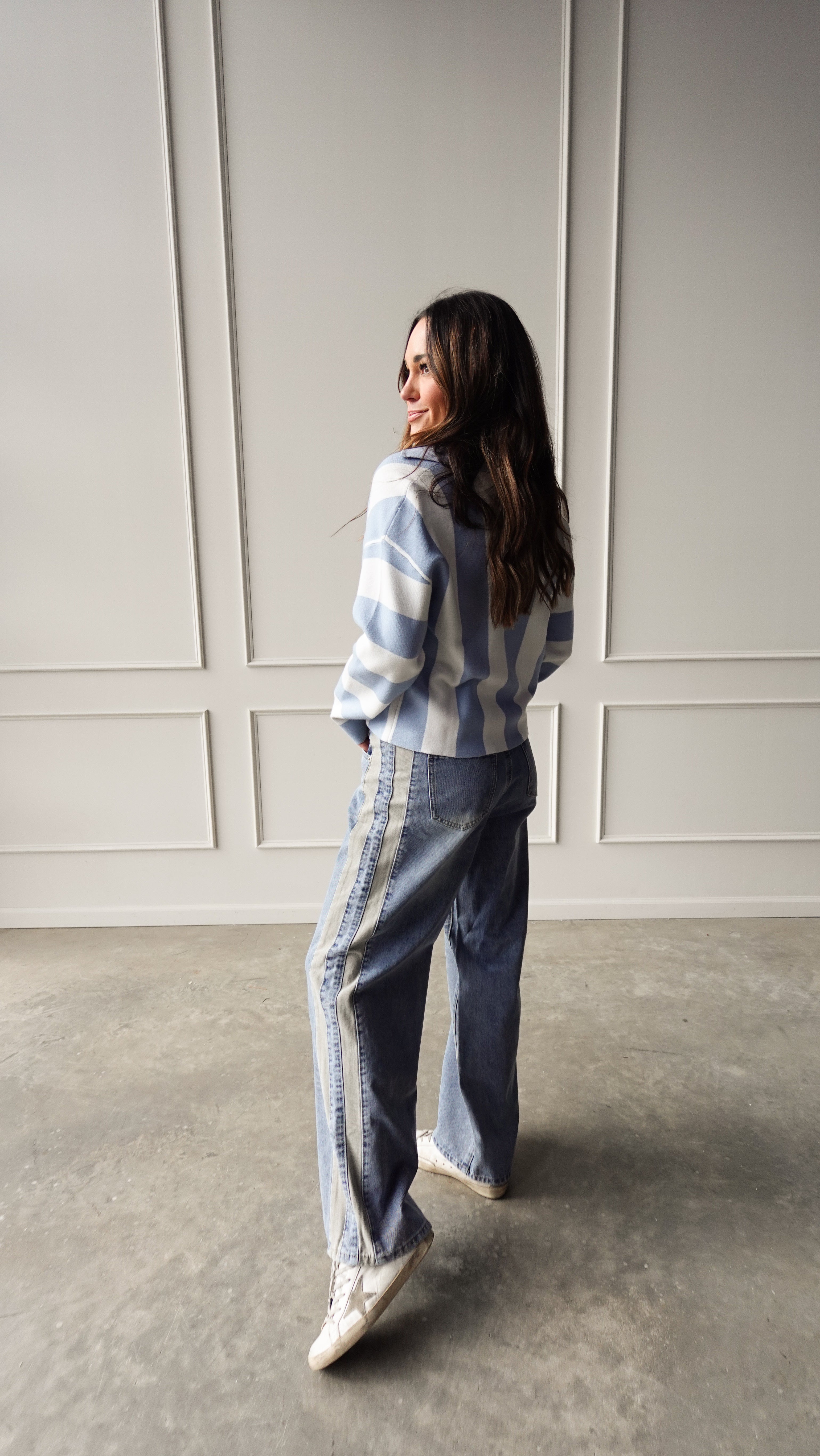Blue Striped Collared Cardigan | Elegant Women's Fashion by coolavocek