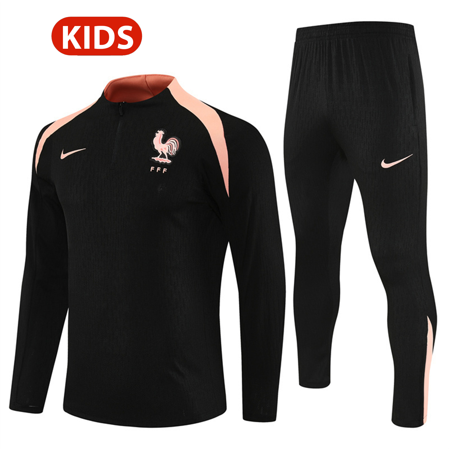 AlphaJersey-France 25-26 Kids Long Sleeve Training Set - Player Version - Black Top and Pants