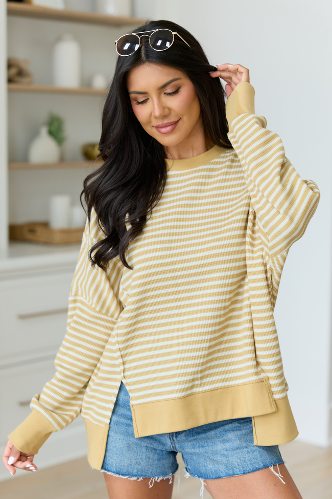 Kara Yellow Stripe Waffle Pullover | Elegant Women's Fashion by coolavocek