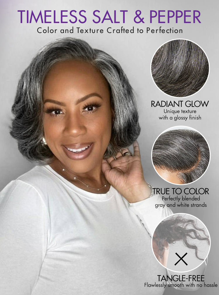 Boss Vibe Salt & Pepper Layered Bob / Body Wave Glueless Pre-Cut Minimalist Lace Grey Wig