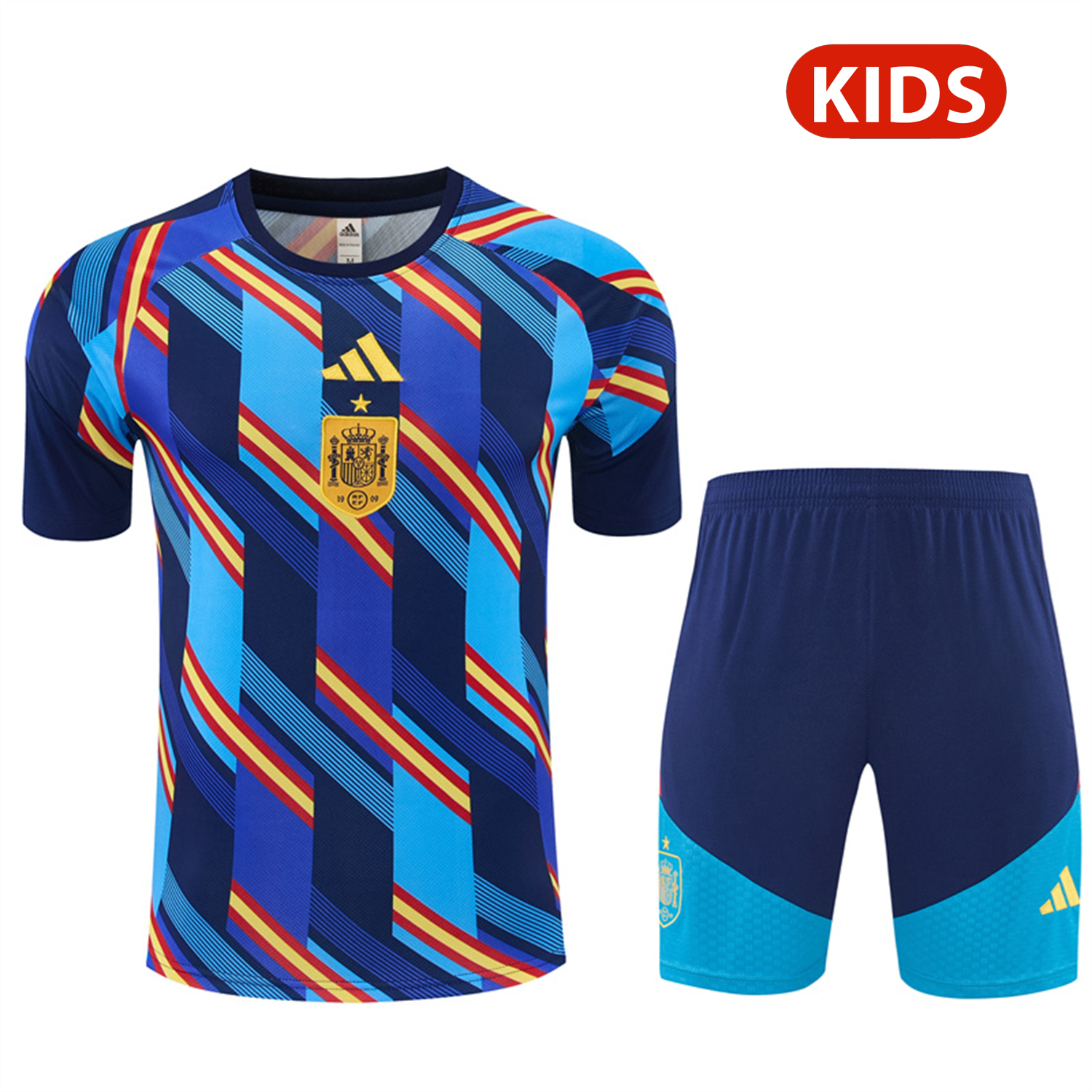 AlphaJersey-Spain 2026 Kids Short-Sleeve Training Set - Royal Blue And Yellow Top & Royal Blue Shorts