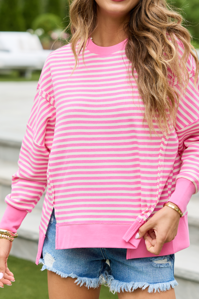 Kara Pink And White Stripe Waffle Pullover | Elegant Women's Fashion by coolavocek