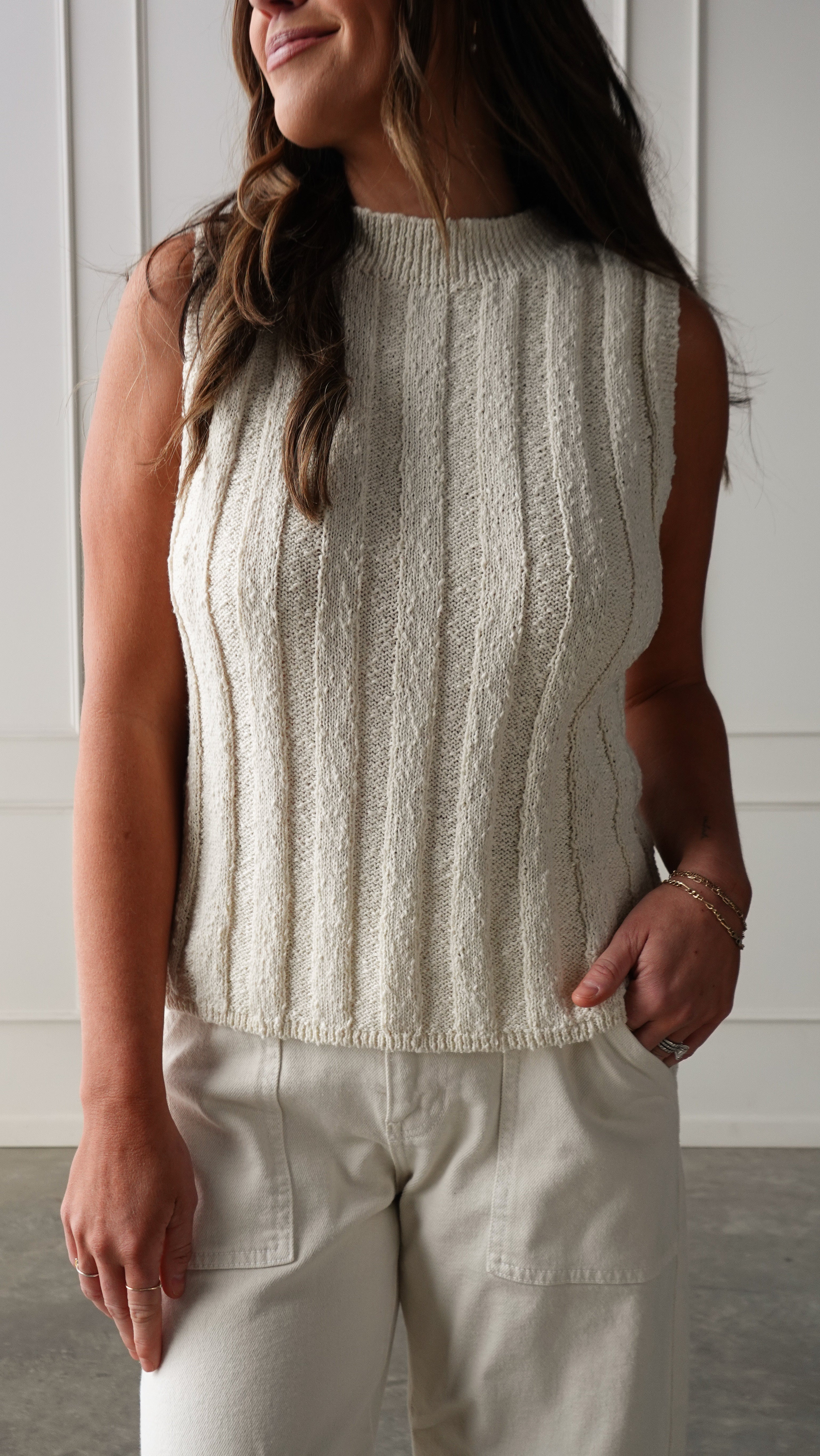 Cream Mock Neck Ribbed Knit Tank | Elegant Women's Fashion by coolavocek
