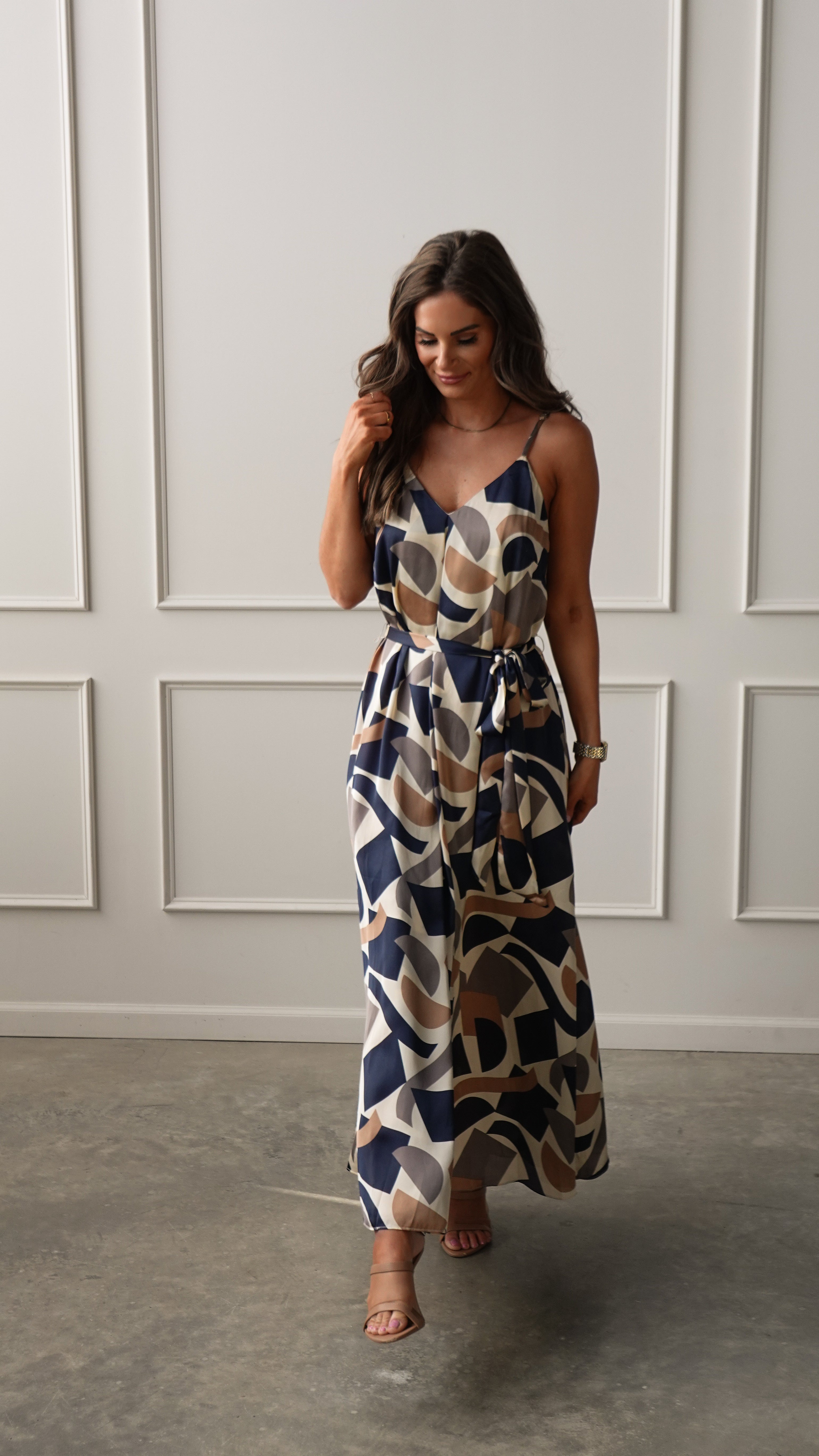 Navy/Taupe Geometric Belted Dress | Elegant Women's Fashion by coolavocek