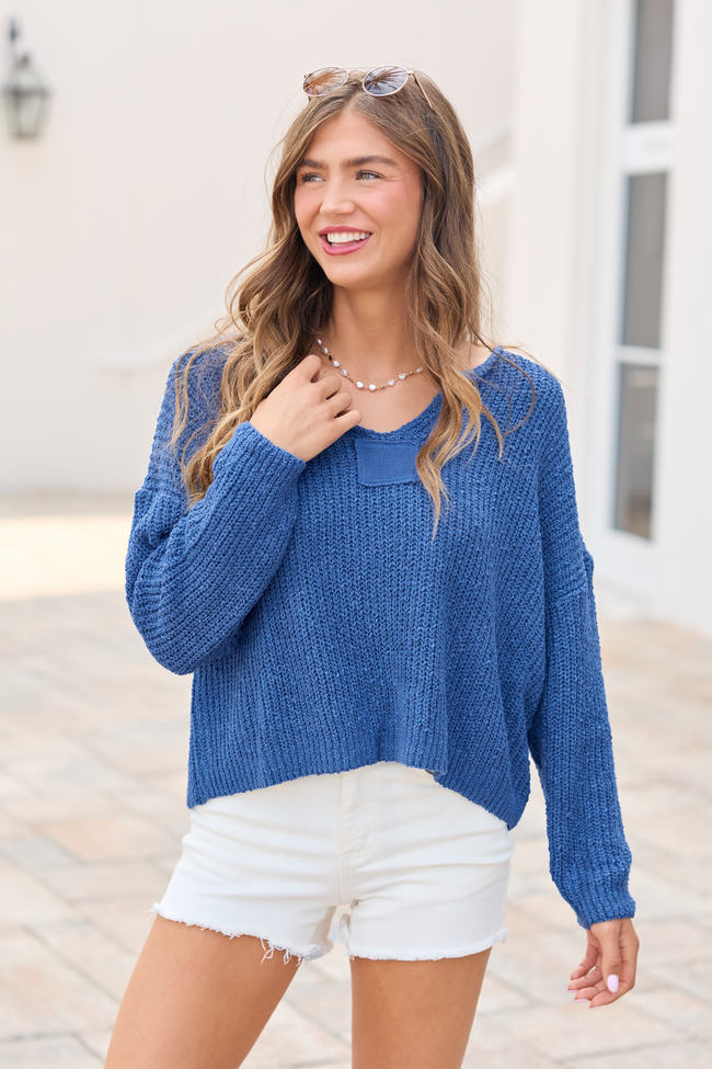 Mckenzie Blue Open Knit V-Neck Sweater | Elegant Women's Fashion by coolavocek