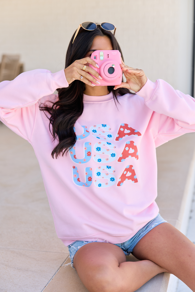 USA Floral Light Pink Oversized Graphic Sweatshirt DOORBUSTER | Elegant Women's Fashion by coolavocek