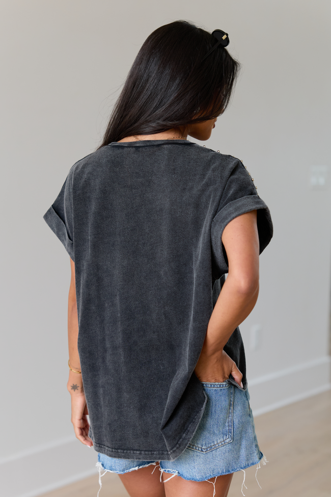 Kamryn Black Studded Acid Wash Tee | Elegant Women's Fashion by coolavocek