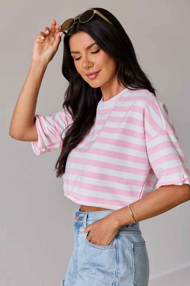 Perfect Idea Cropped Pink Striped Tee | Elegant Women's Fashion by coolavocek