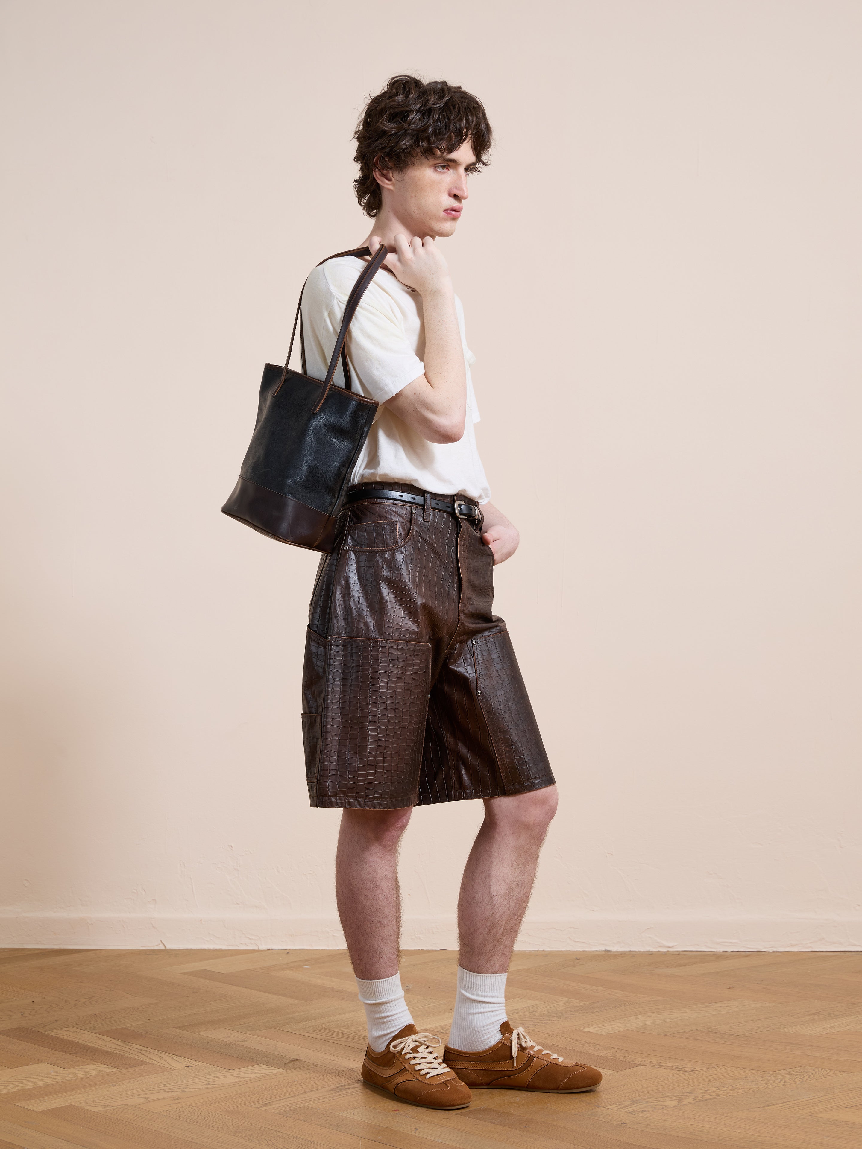 Distressed Croc Embossed Leather Shorts | Modern Menswear by yycbvcnbmmnbm