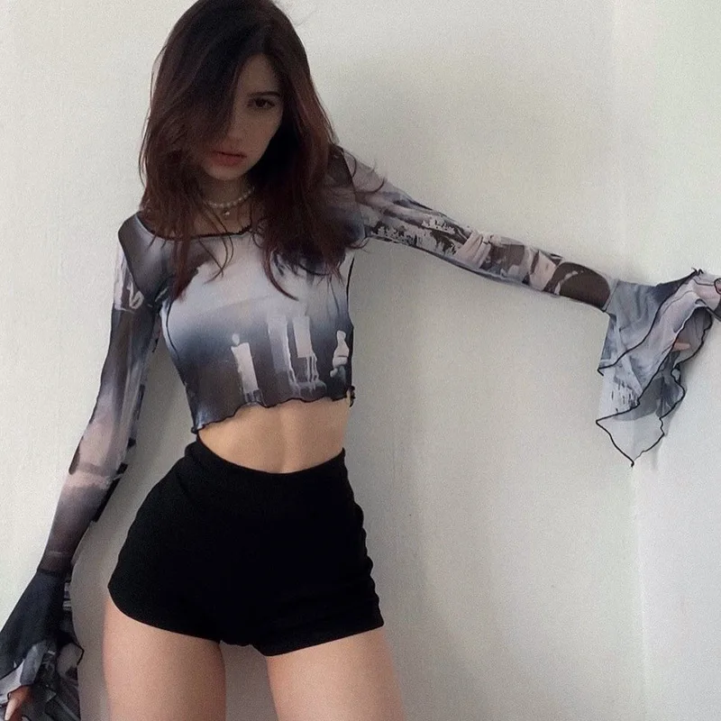 Summer 2022 t-shirts Printed Mesh Round Neck Pullover Horn Long Sleeve Casual European Beauty Dress tops y2k clothes Wholesale