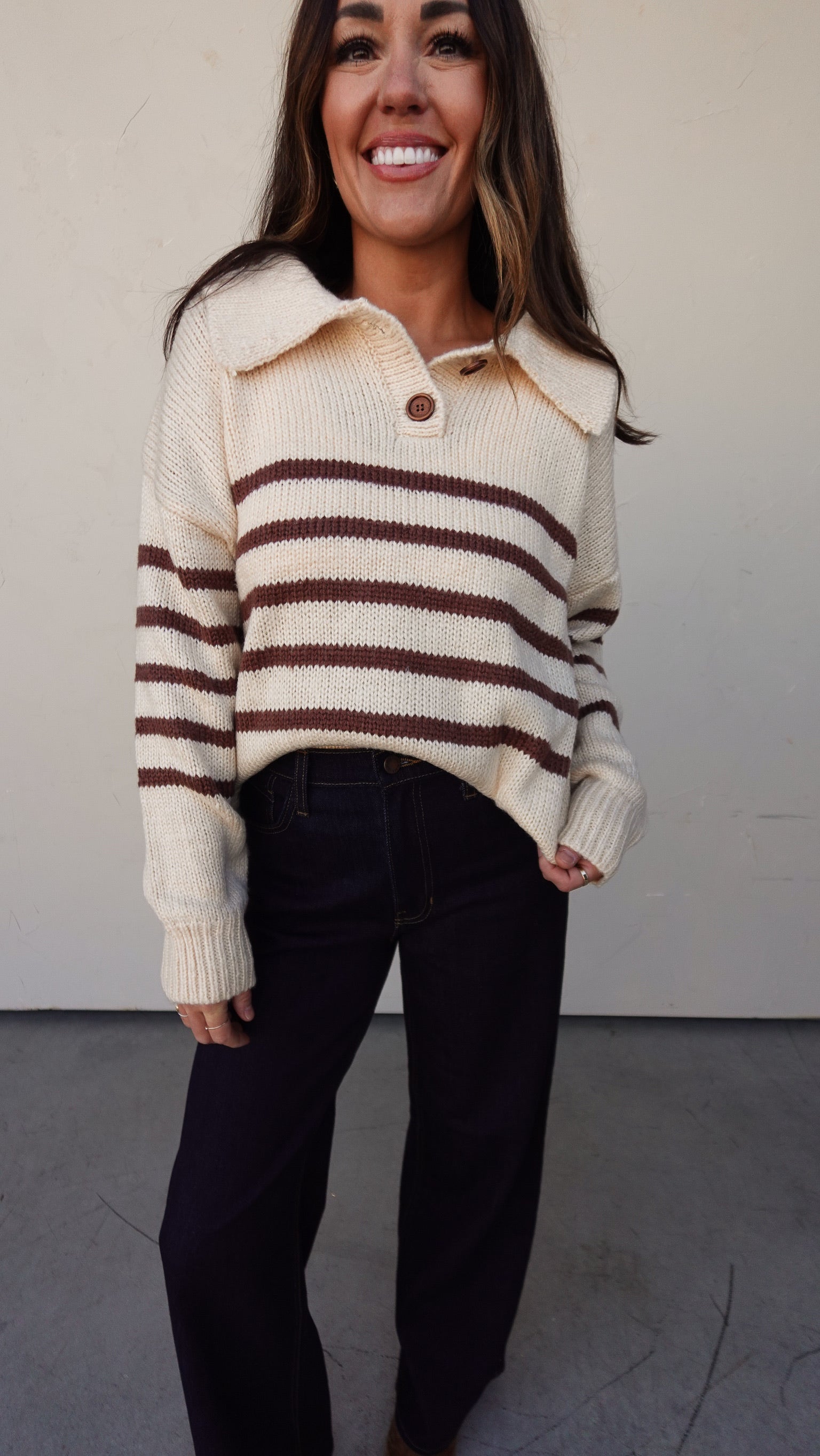 Cream/Brown Striped Button Collar Sweater | Elegant Women's Fashion by coolavocek