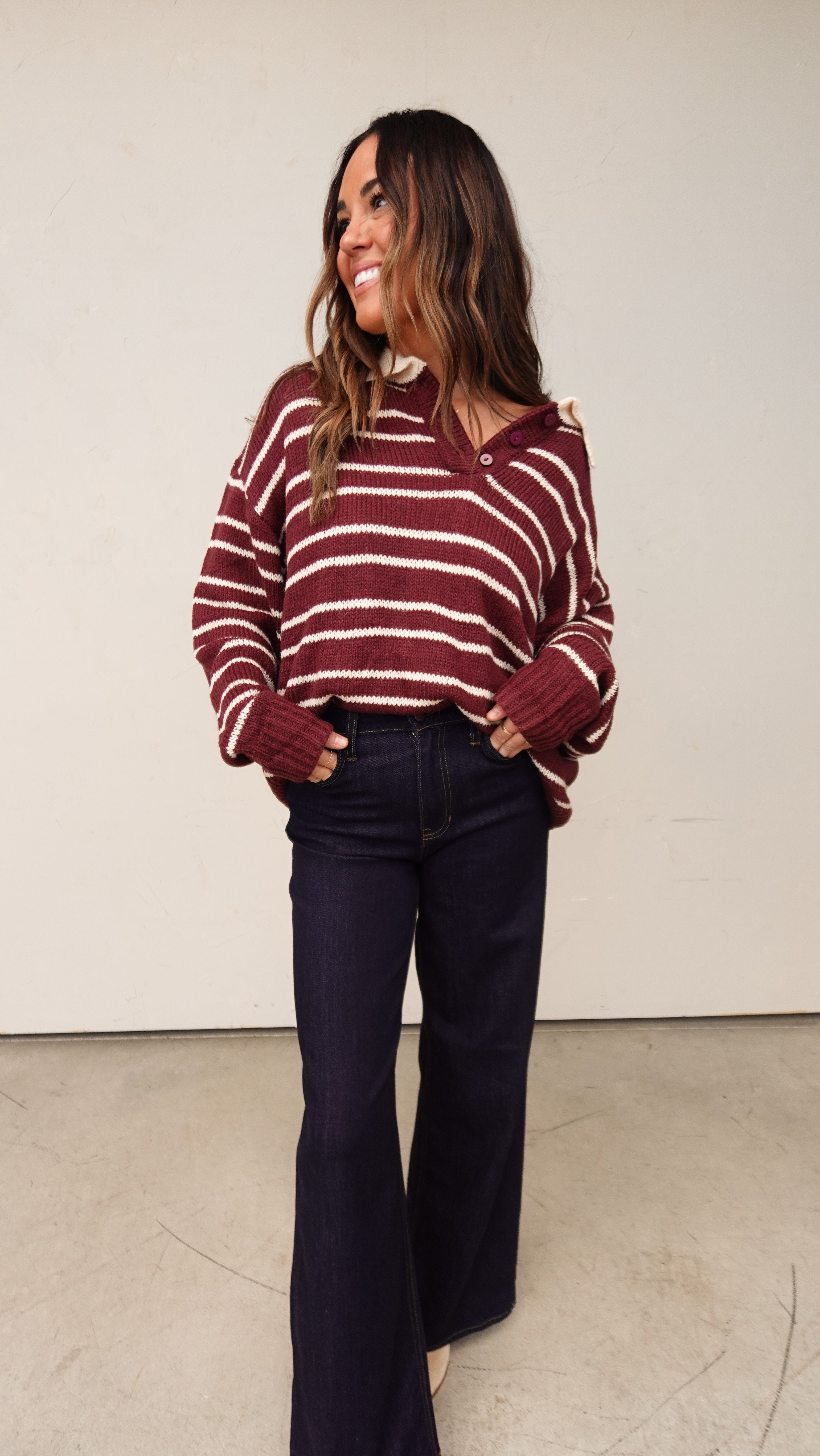 Burgundy Striped Rugby Sweater | Elegant Women's Fashion by coolavocek