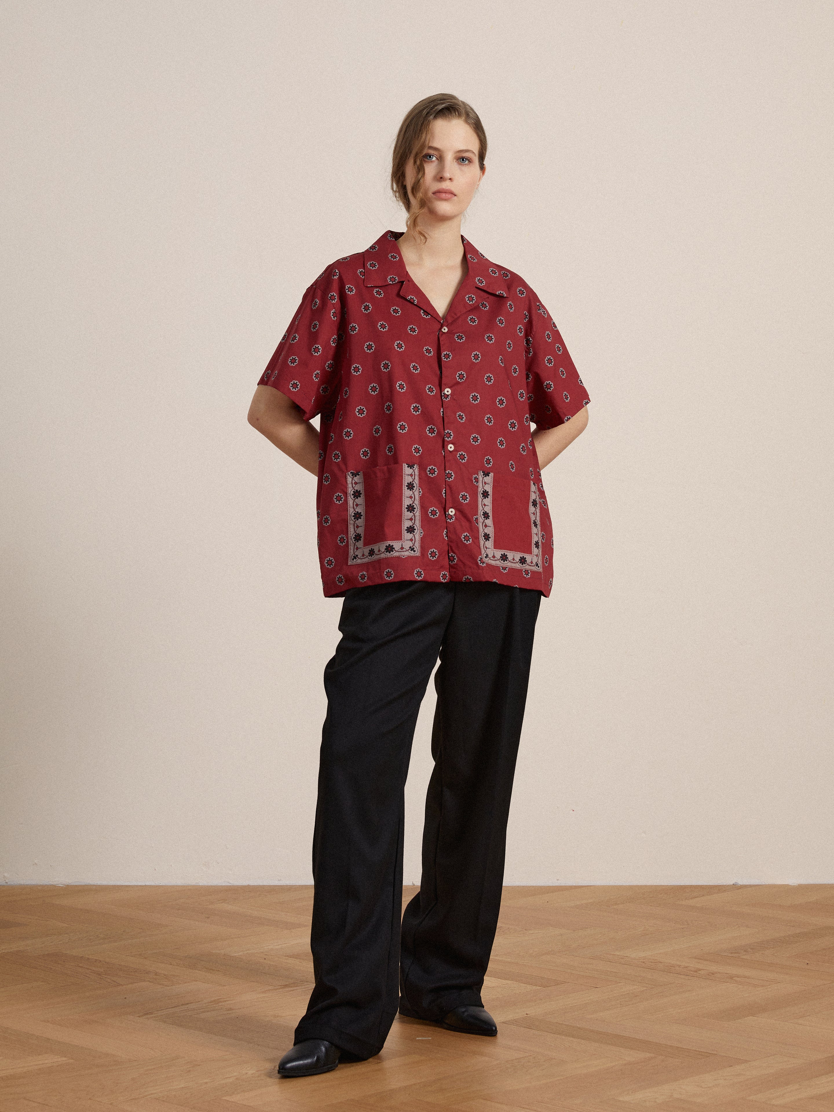 Red Motif SS Camp Shirt | Modern Menswear by yycbvcnbmmnbm