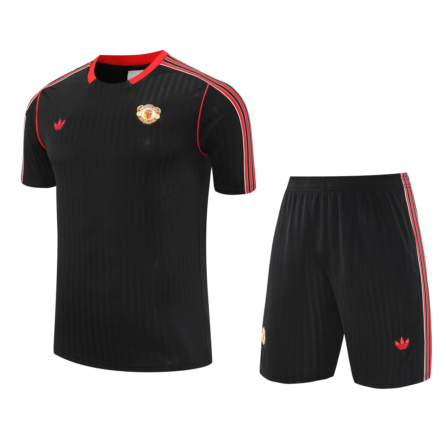 AlphaJersey-Manchester United 25-26 Short-Sleeve Training Set - Red Lines Black Top & Black Shorts