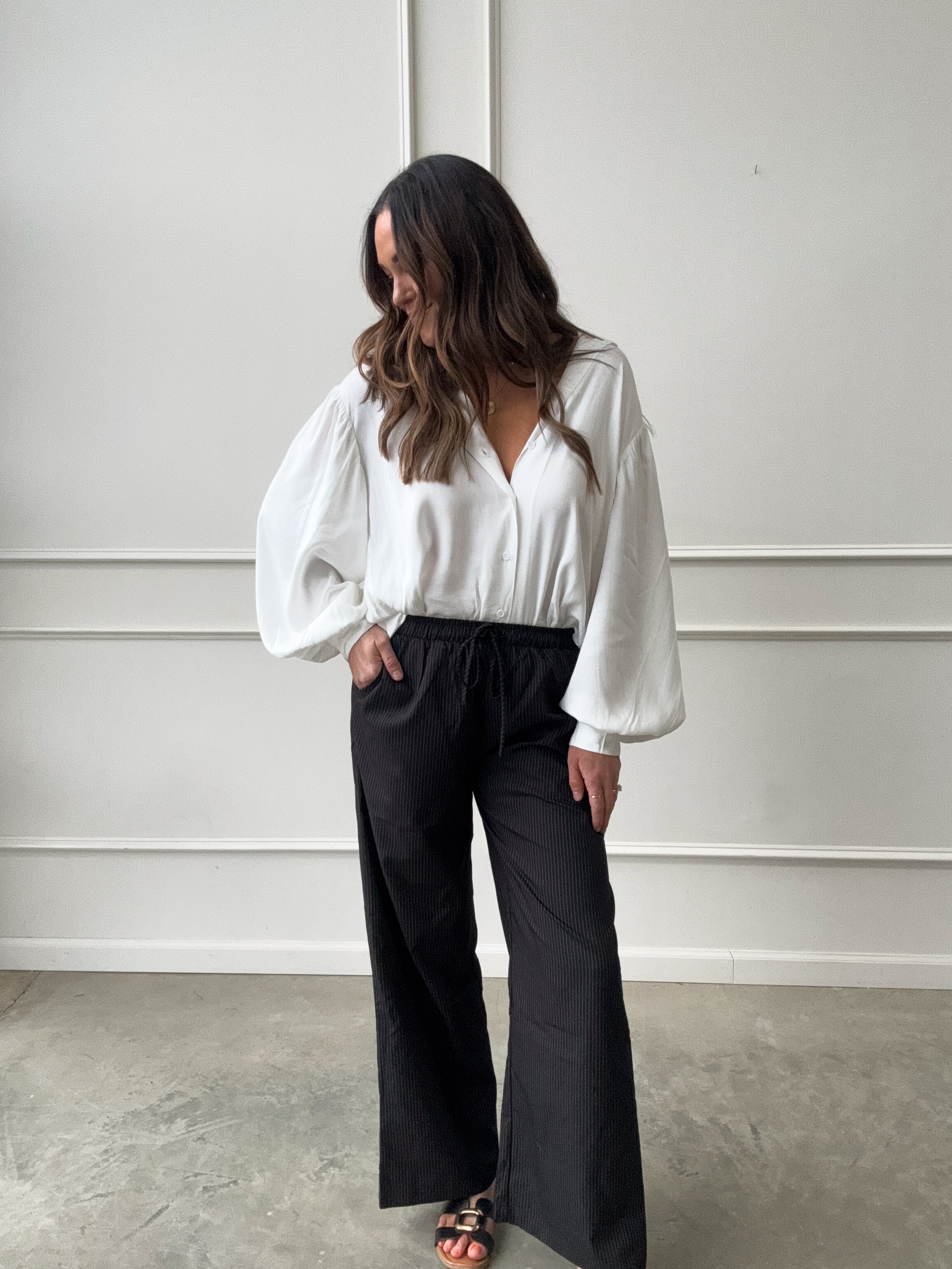 Black Pinstripe Elastic-Waist Pant | Elegant Women's Fashion by coolavocek