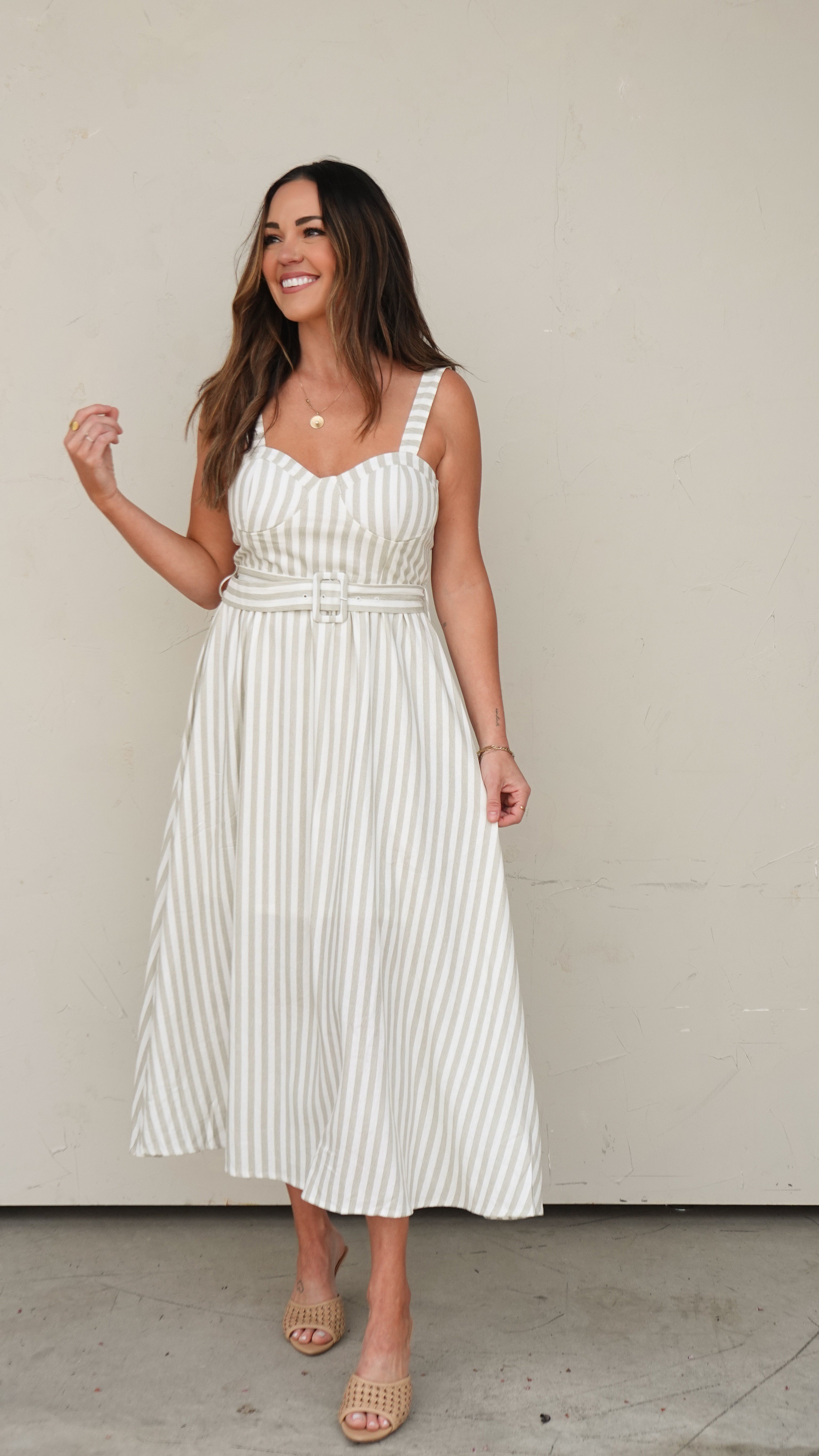 Green Stripe Belted Midi Dress | Elegant Women's Fashion by coolavocek