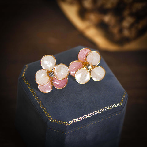 pink cherry blossom with golden frame stud earrings