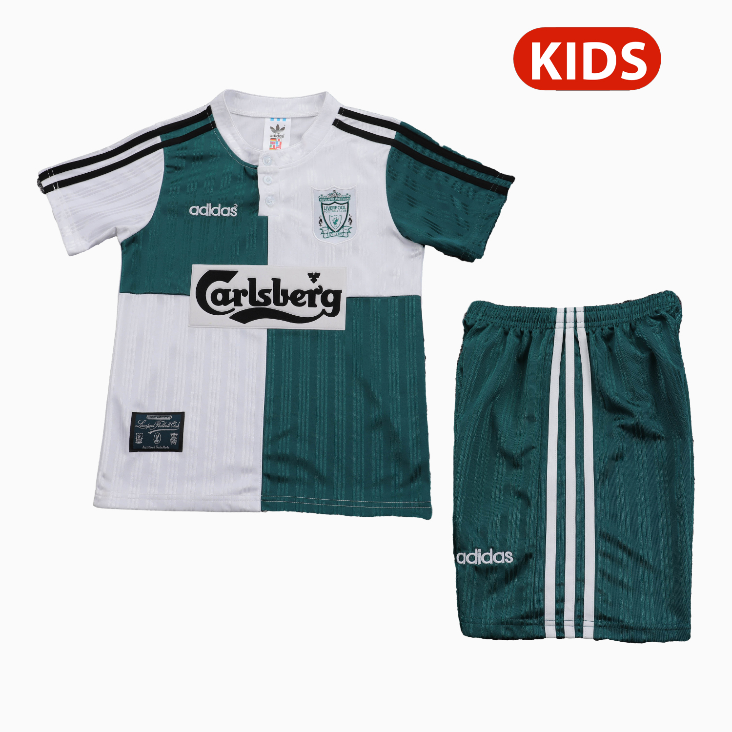 AlphaJersey-Retro Liver.pool 1995-96 Away White And Green Kids Kit