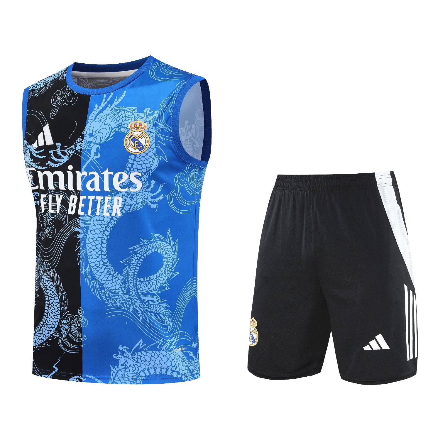 AlphaJersey-Real Madrid 25-26 Vest Training Set - Blue Black Dragon Vest & Black-White Shorts