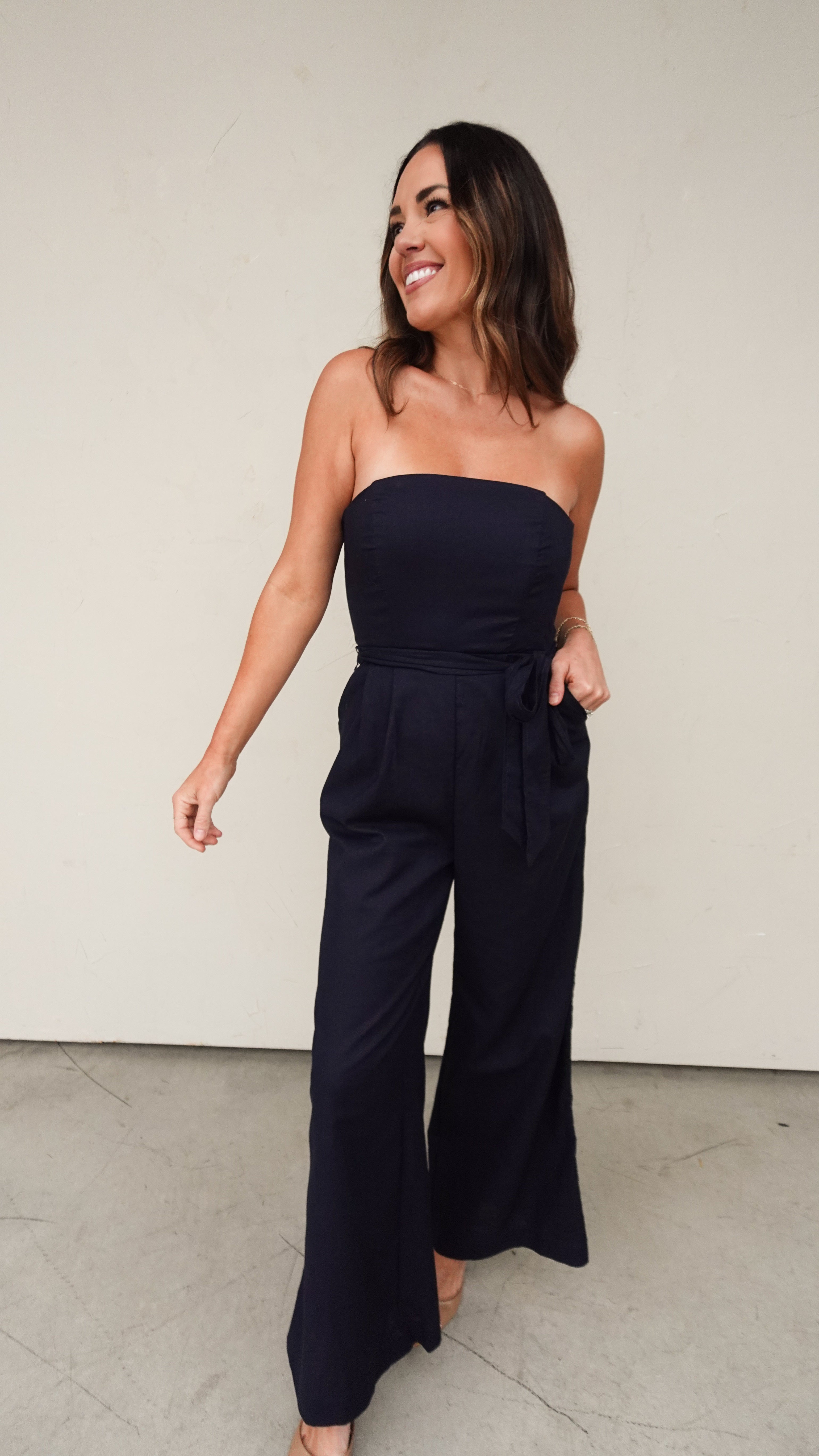 Navy Linen Strapless Jumpsuit | Elegant Women's Fashion by coolavocek