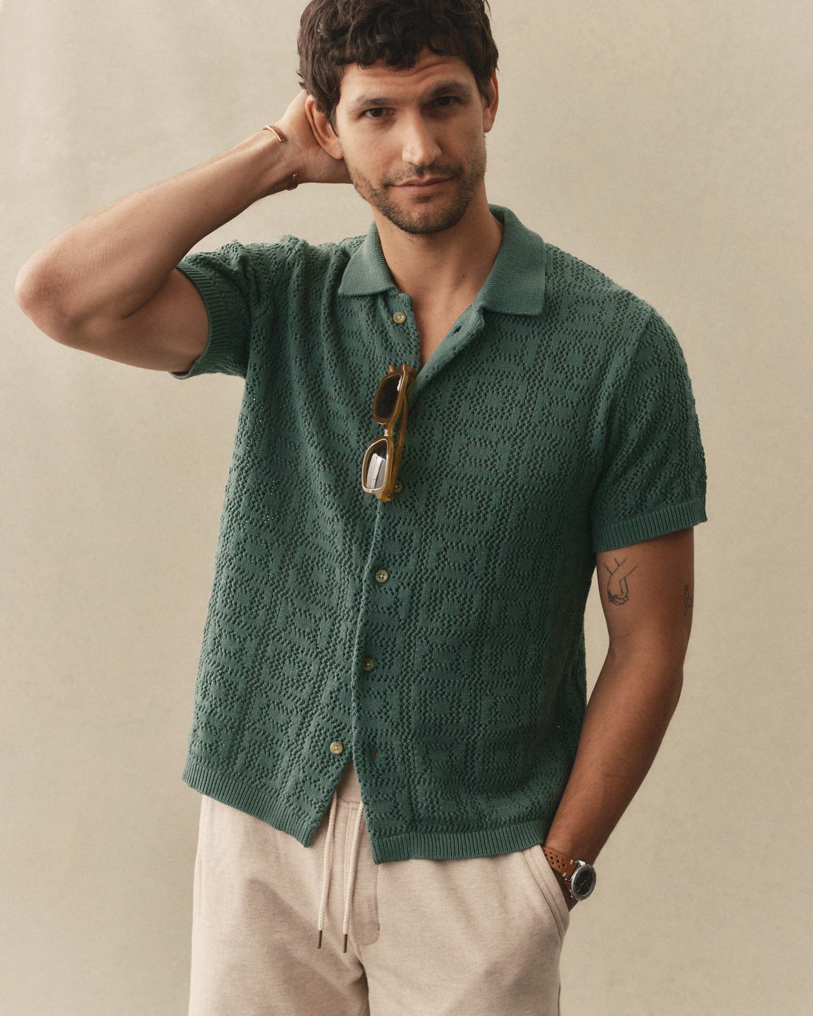 The Monterey Sweater Polo in Deep Sea Geo Crochet | Modern Menswear by yycbvcnbmmnbm
