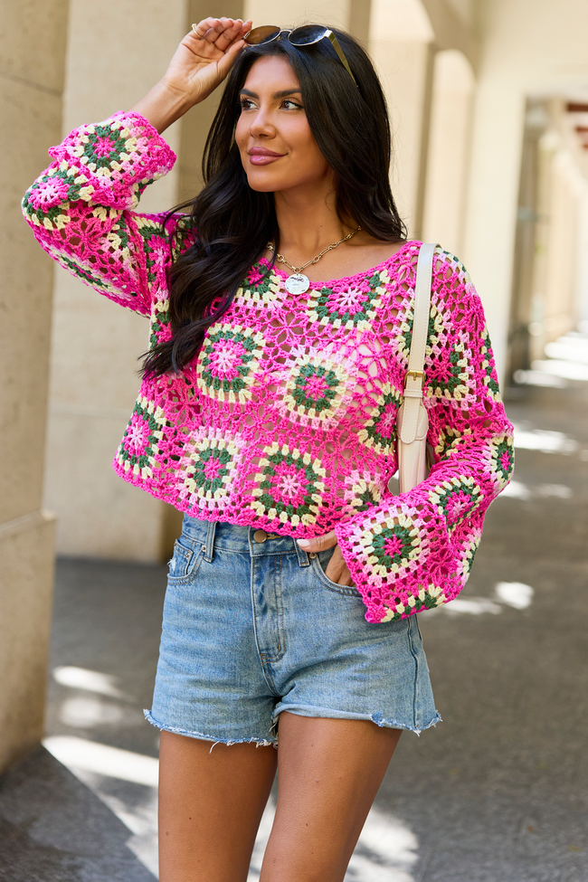 Annabelle Pink And Green Crochet Sweater | Elegant Women's Fashion by coolavocek