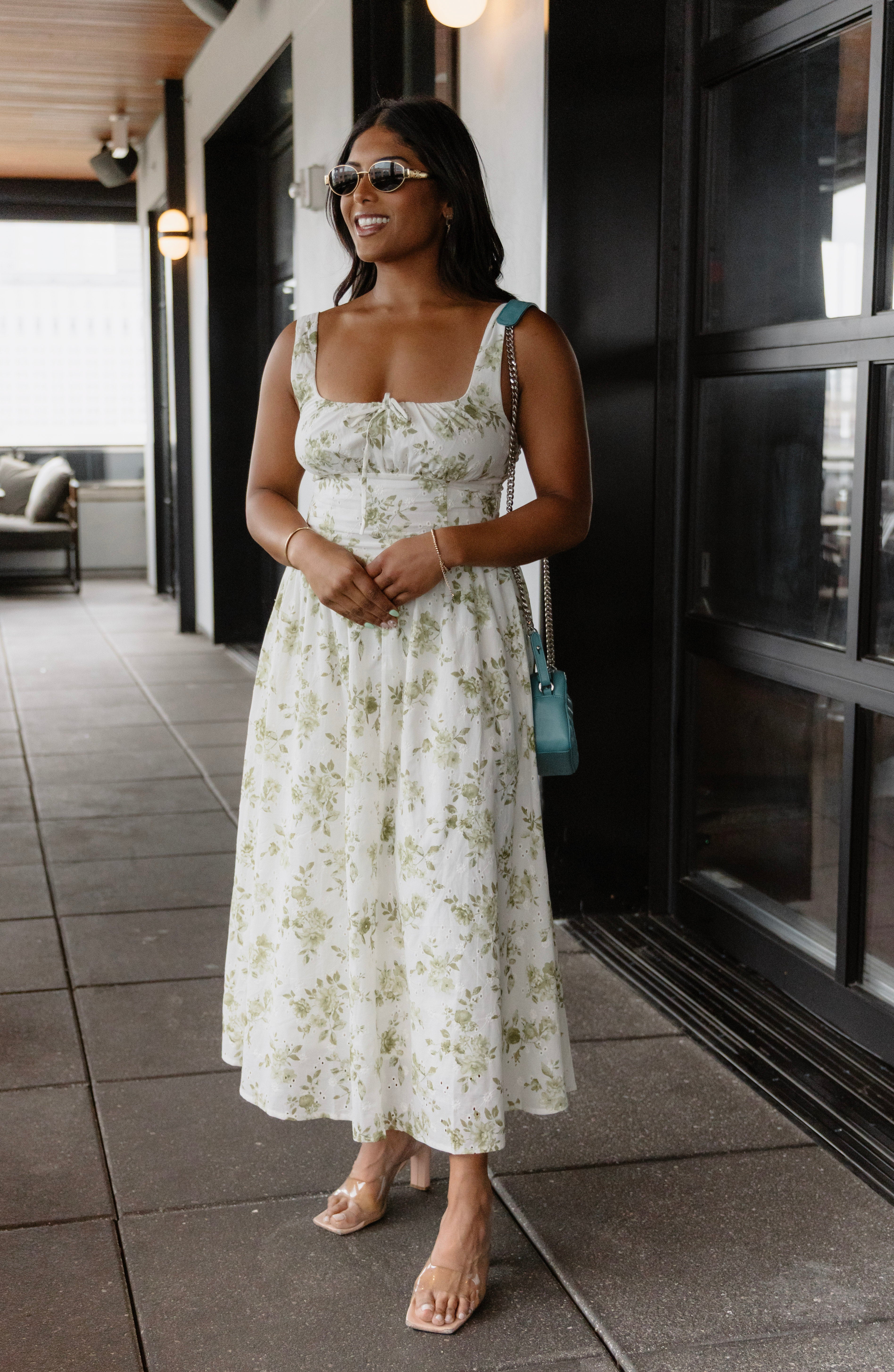 Green Floral Eyelet Midi Dress | Elegant Women's Fashion by coolavocek