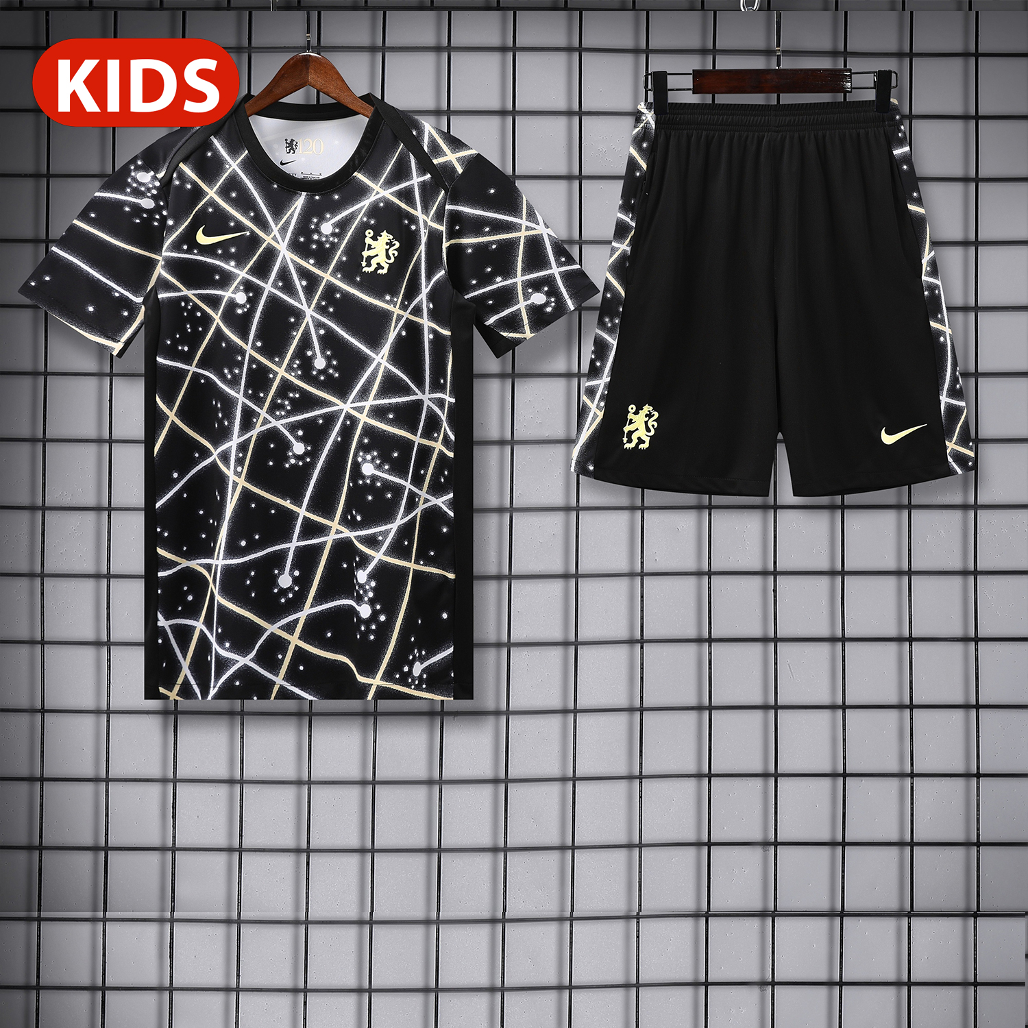 AlphaJersey-C.H.E.L.S.E.A 25-26 Kids Short-Sleeve Training Set - Yellow Fluorescent Rays Black Top & Black Shorts