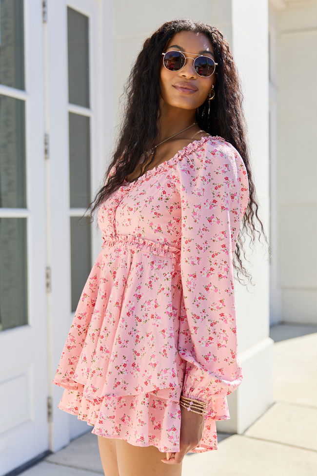 Farah Pink Floral Ruffle Trim Romper SALE | Elegant Women's Fashion by coolavocek
