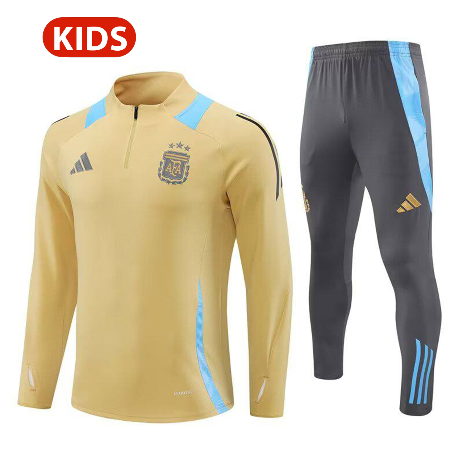 AlphaJersey-Argentina 25-26 Kids Long Sleeve Training Set - Gold Top and Grey Pants