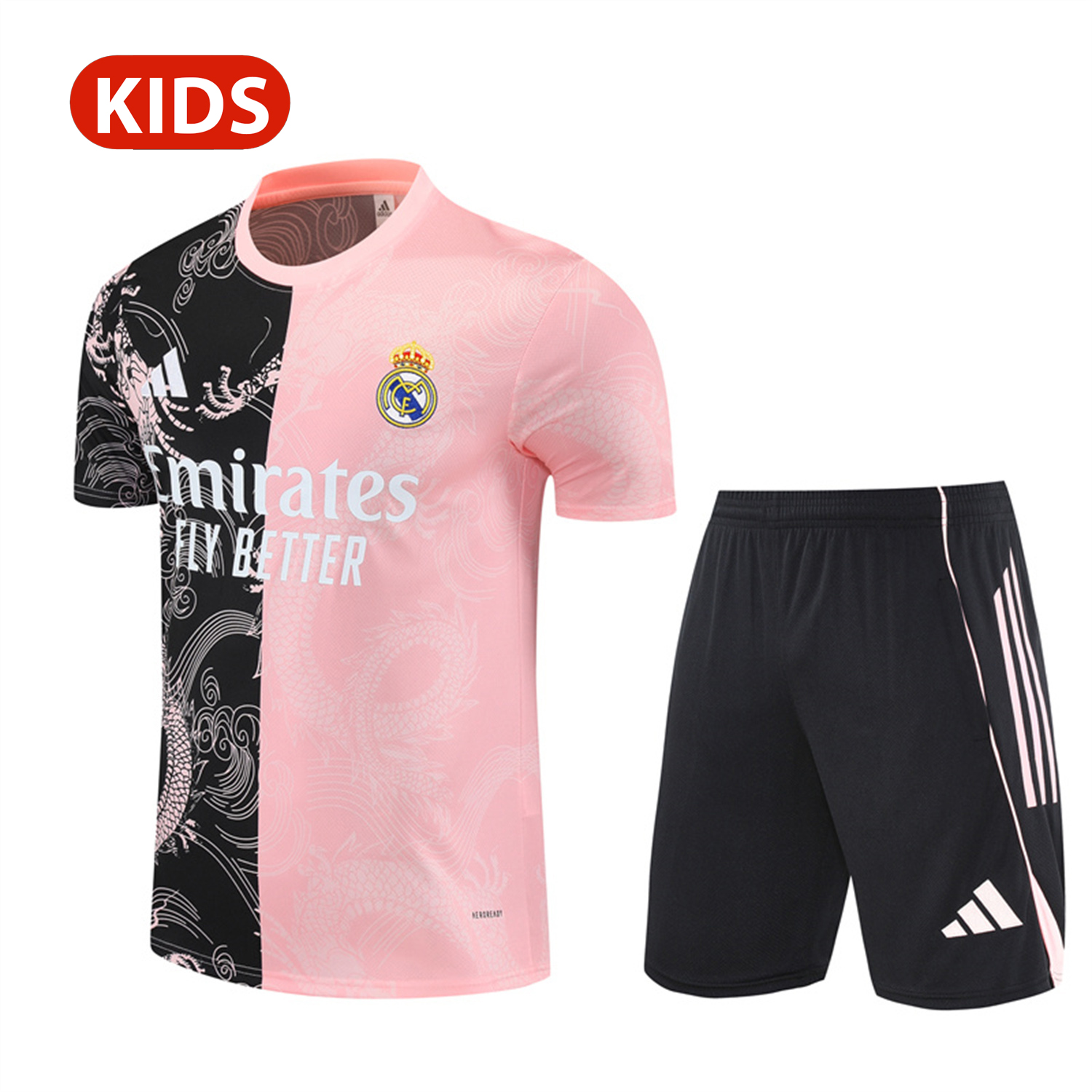 AlphaJersey-Real Madrid 25-26 Kid Short-Sleeve Training Set - Pink Black Top & Black Shorts