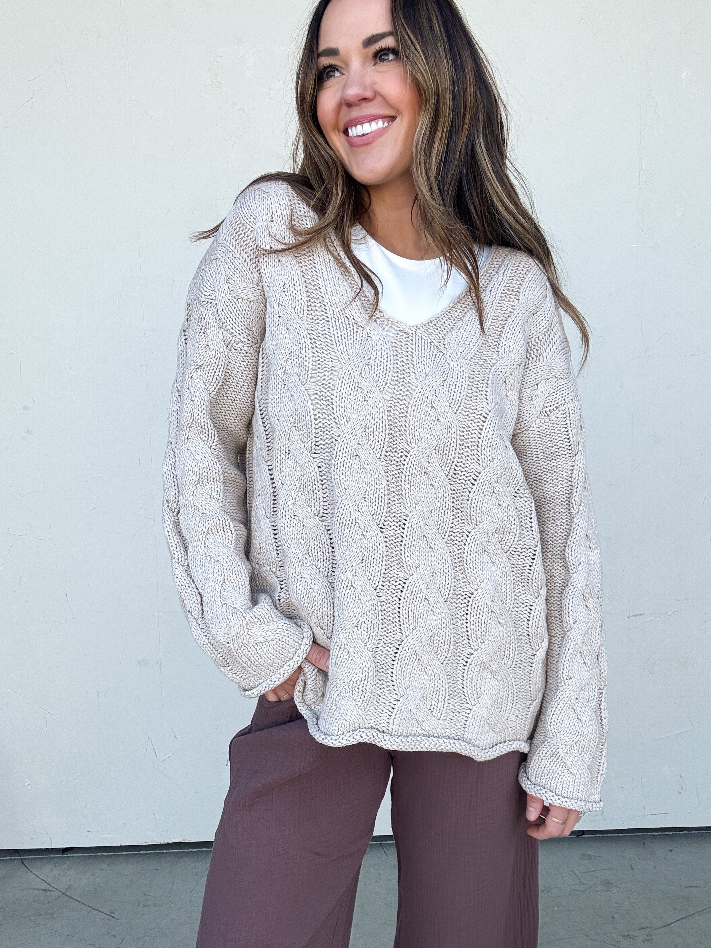 Taupe Cableknit V-Neck Sweater | Elegant Women's Fashion by coolavocek
