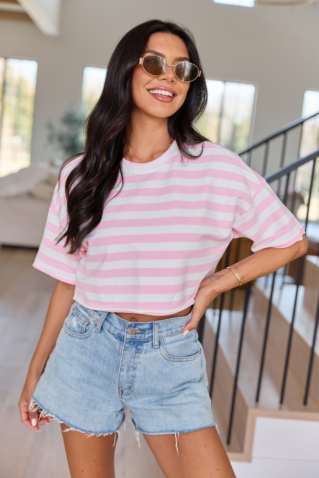 Perfect Idea Cropped Pink Striped Tee | Elegant Women's Fashion by coolavocek