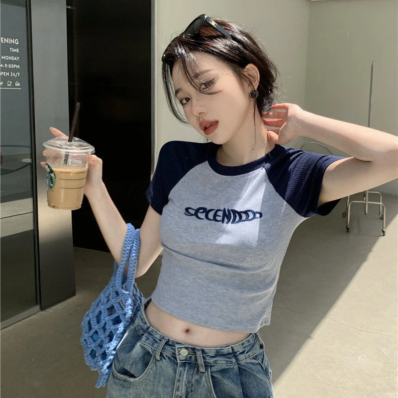 Cartoon Letter Print Tops Tshirt Women Korean Style Slim Sexy  Elasticity T-Shirt Clothes Womens Summer Streetwear Tee Crop Tops