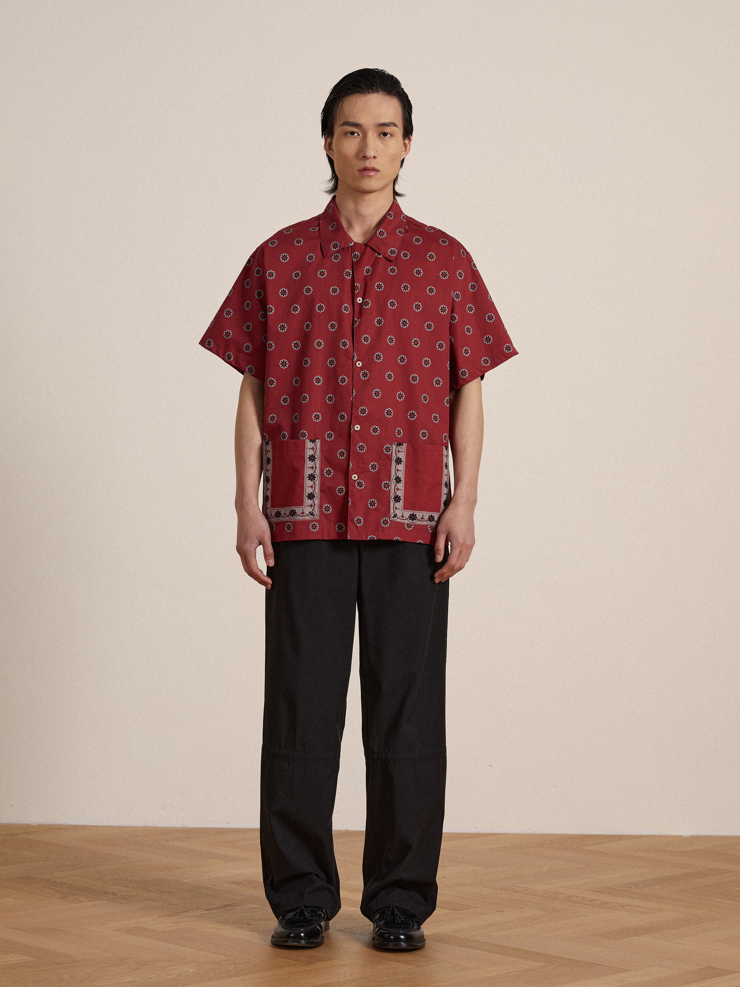 Red Motif SS Camp Shirt | Modern Menswear by yycbvcnbmmnbm