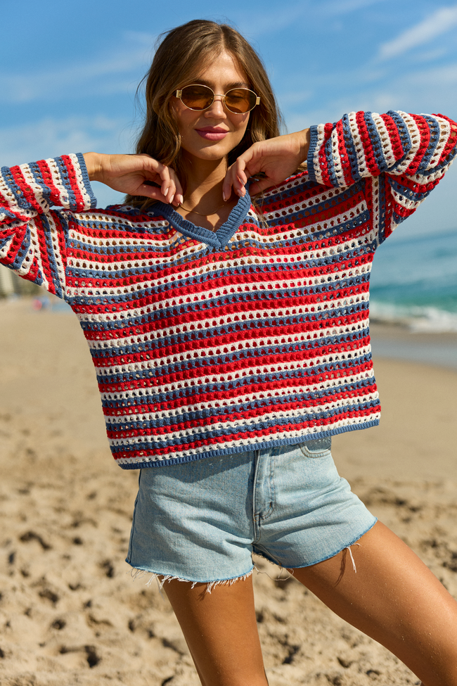 Chasing Rainbows Striped Crochet Sweater DOORBUSTER | Elegant Women's Fashion by coolavocek