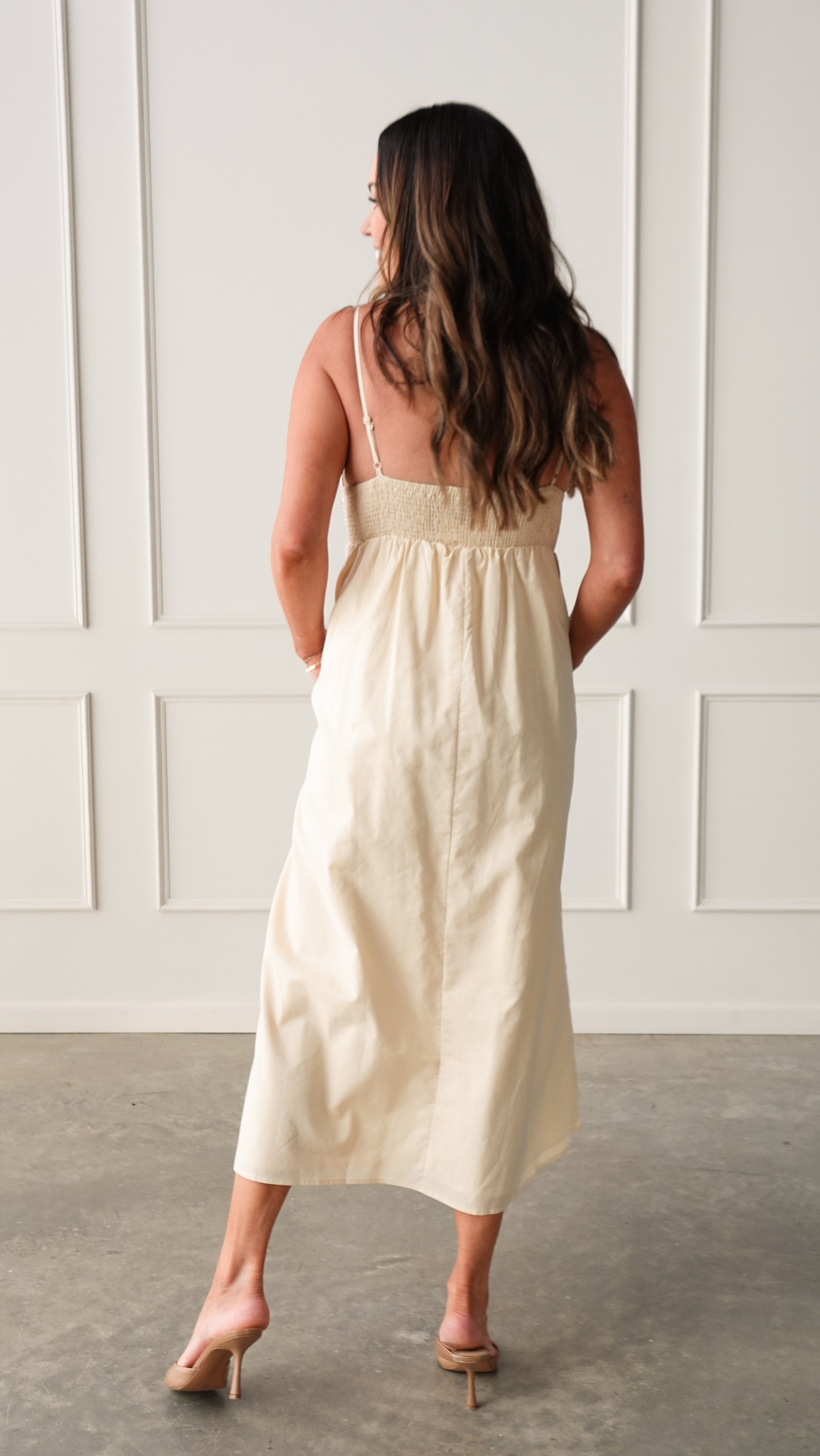 Sand Top-Stitch Midi Dress | Elegant Women's Fashion by coolavocek