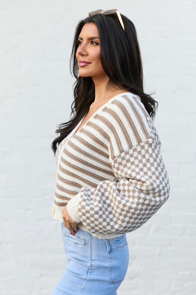 Samara Checkered And Stripes Brown And Cream Cardigan SALE | Elegant Women's Fashion by coolavocek
