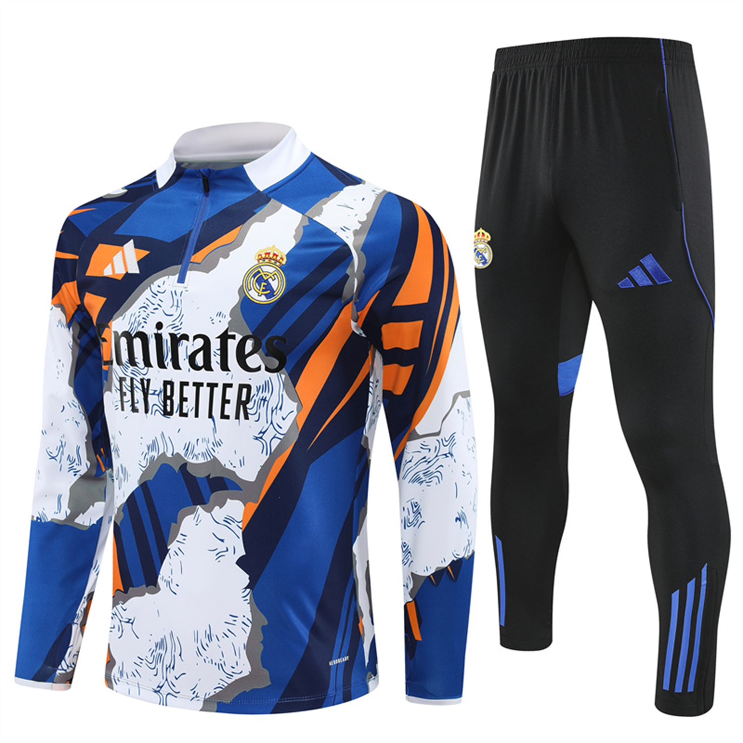 AlphaJersey-Real Madrid 25-26 Long Sleeve Training Set - Yellow, White and Blue Camouflage Top and Black Pants