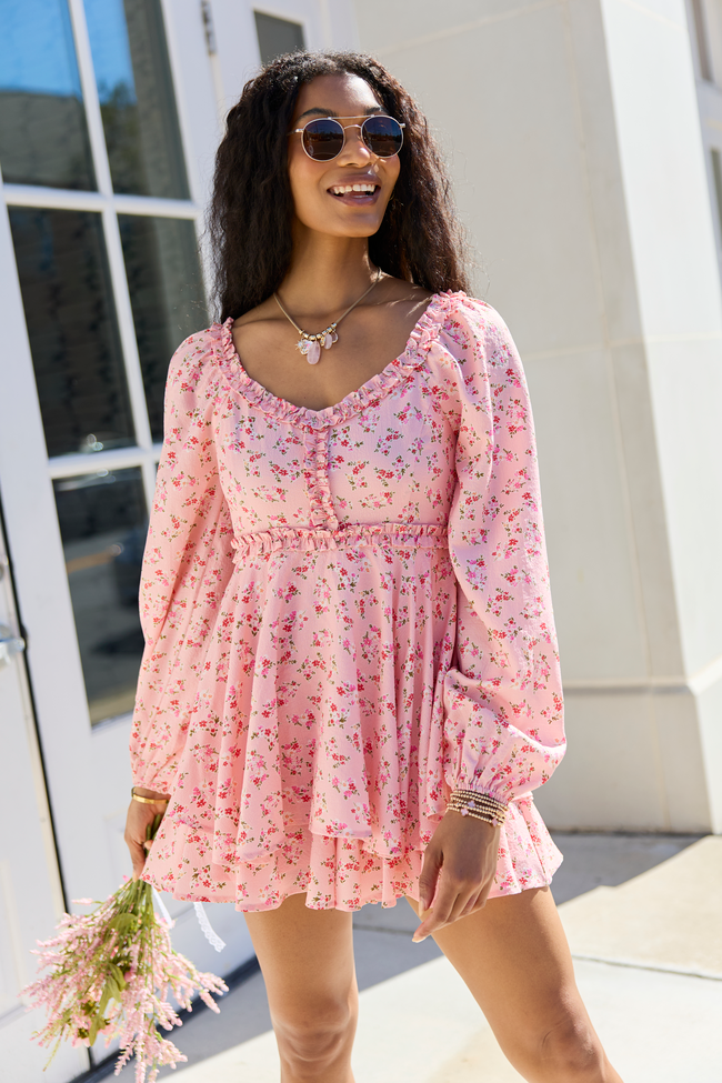Farah Pink Floral Ruffle Trim Romper SALE | Elegant Women's Fashion by coolavocek