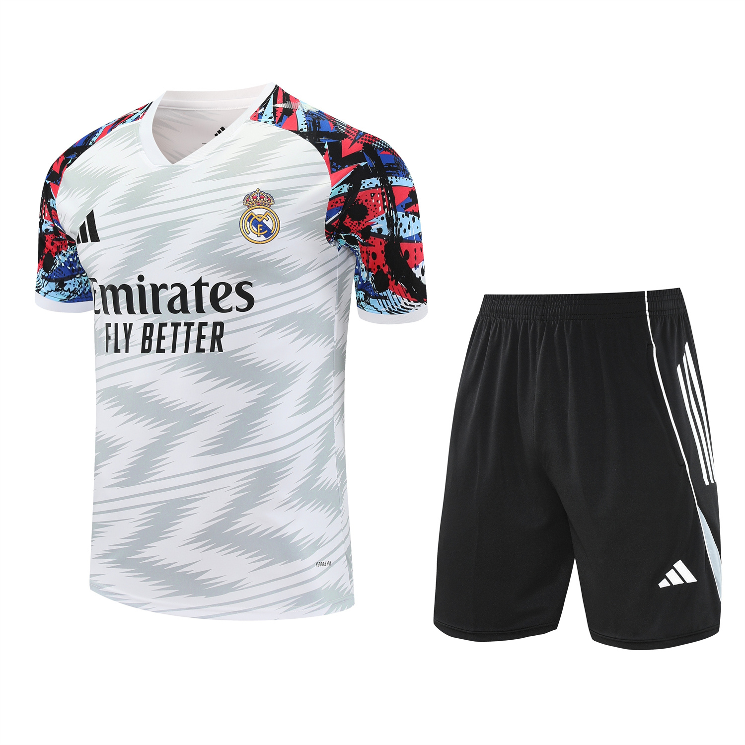 AlphaJersey-Real Madrid 25-26 Short-Sleeve Training Set - Grey Arrow Pattern Top & Black Shorts