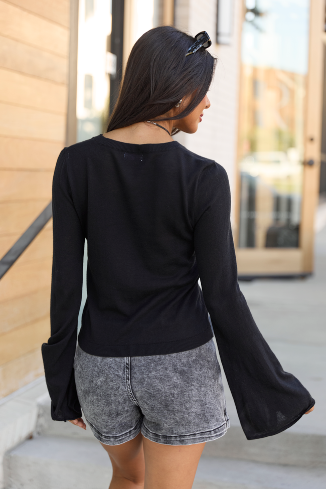 Deanna Black Bell Sleeve Knit Top | Elegant Women's Fashion by coolavocek