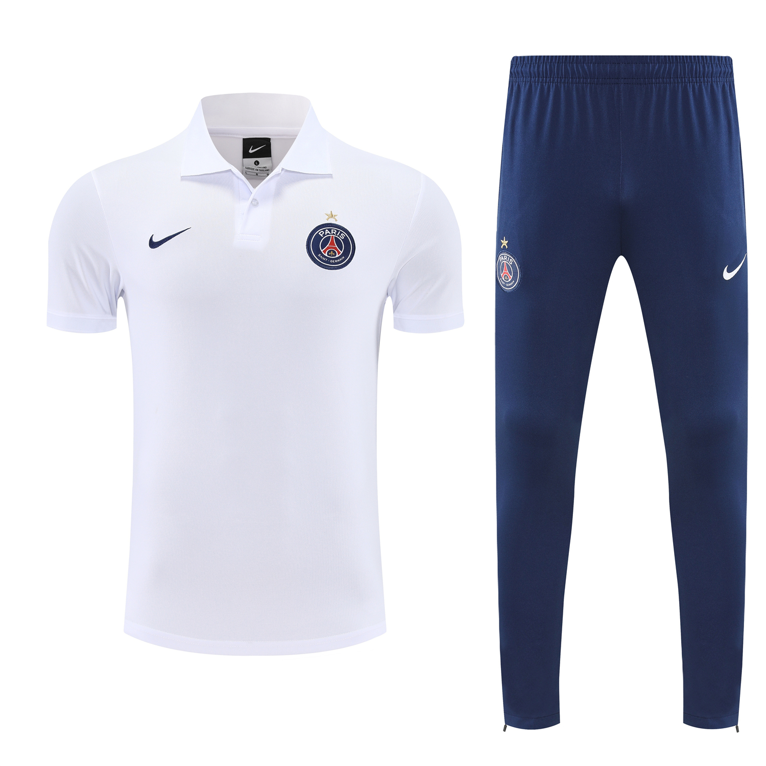 AlphaJersey-Paris Saint-Germain PSG 25-26 POLO Short-Sleeve Training Set - White Top and Dark Blue Pants